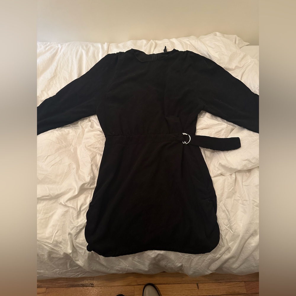 Zara 100% cotton black long sleeve short dress with silver buckle